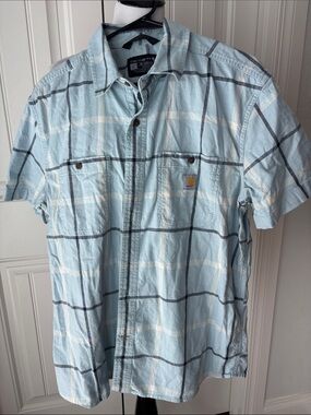 Carhartt Light Blue and White Plaid Short-Sleeve Button-Down Shirt